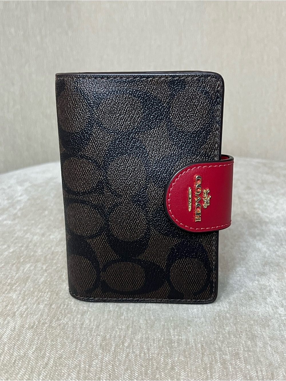 Coach Brown Signature Canvas Wallet with Red Snap Tab